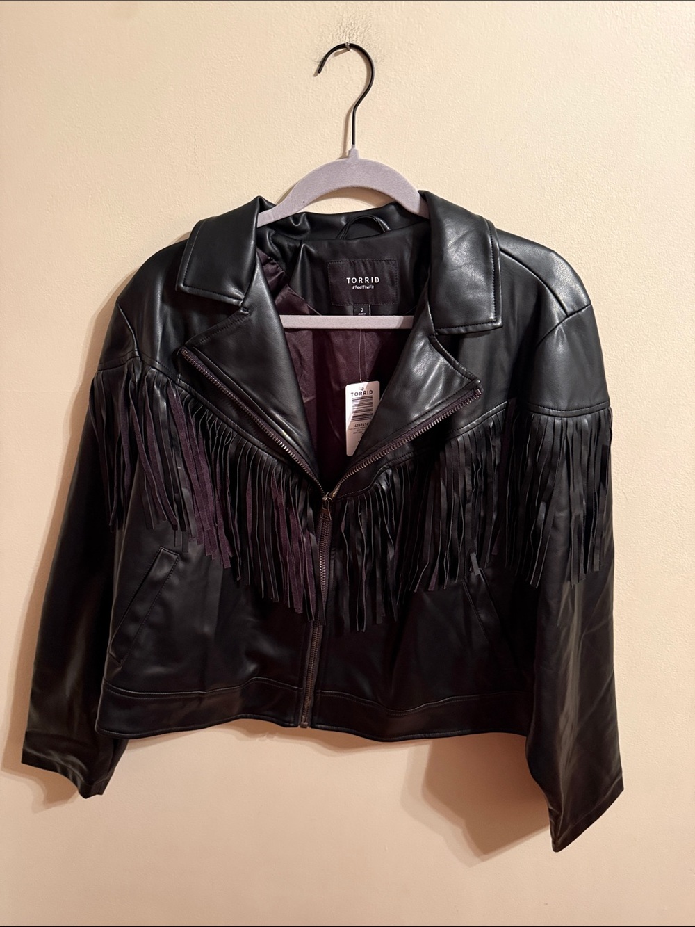 torrid Black Faux Leather Fringe Moto Jacket with Zip Front